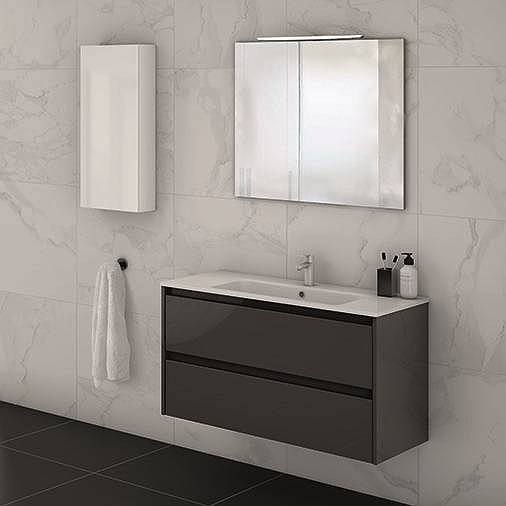 Conjunto mueble de baño Sansa suspendido 2 cajones. Lavabo Slimy espejo murano con aplique Lucce Led y colgar de 35 cm de ancho de Royo. Color Antracita 