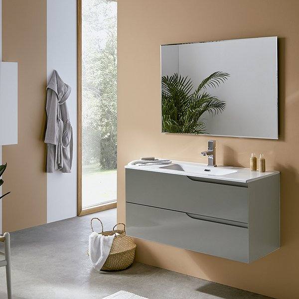 Mueble de baño Siena 2 cajones suspendido blanco brillo + Lavabo Encastrado + Espejo Biselado