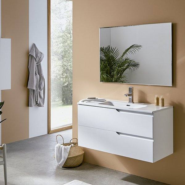 Mueble de baño Siena 2 cajones suspendido blanco brillo + Lavabo Encastrado + Espejo Biselado