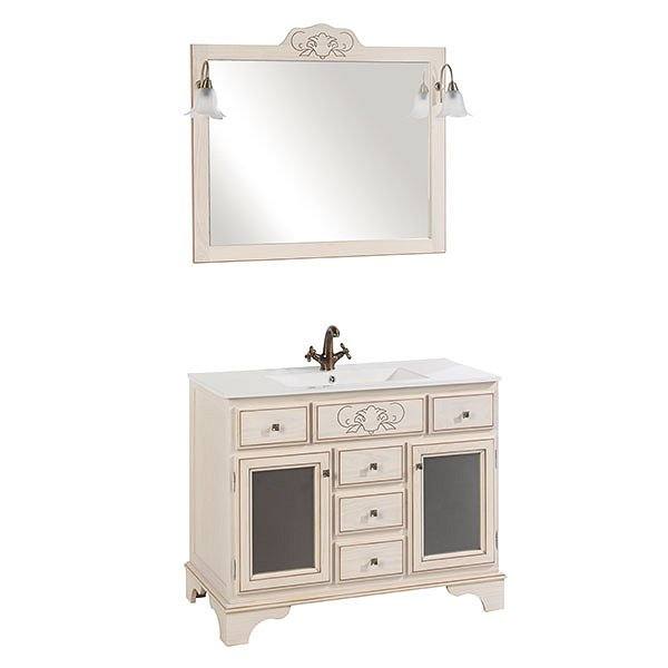 Conjunto mueble de baño + lavabo de cerámica 1 poza + espejo Granada 5 cajones + 2 puertas de Bruntec Hueso