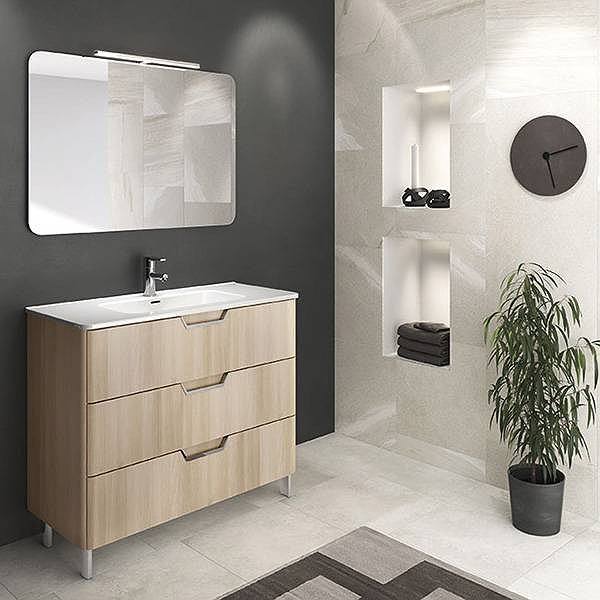 Mueble de baño con patas Life  3 cajones roble nórdico + lavabo cerámico Beauty + espejo Esferic + aplique Lucce de Royo