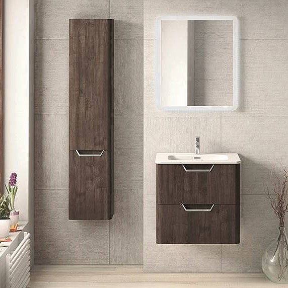 Mueble de baño Life suspendido 2 cajones, lavabo Beauty, espejo Stella y columna Life de Royo. Color Fresno Samara