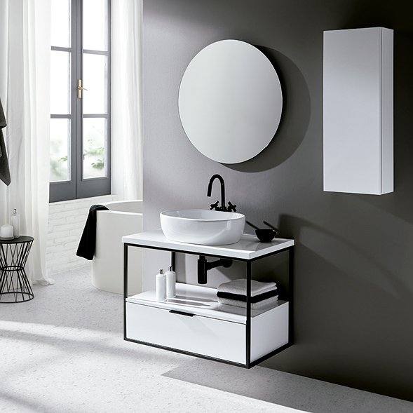 Mueble de baño moderno Estructura acabado nórdico 1 cajón 1 hueco suspendido + Lavabo sobre encimera + Tapa de madera + Espejo redondo + Columna auxiliar de Sanchís