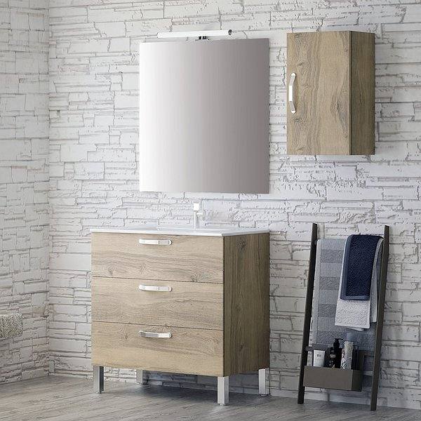 Mueble de baño Neos con patas 3 cajones laminado color madera niágara + Lavabo Extraplano cerámica + Espejo liso Luna de Campoaras