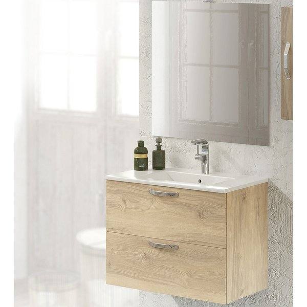 Conjunto mueble de baño Neos 2 cajones suspendido acabado Monument + Lavabo cerámica Extraplano + Espejo Luna de Campoaras