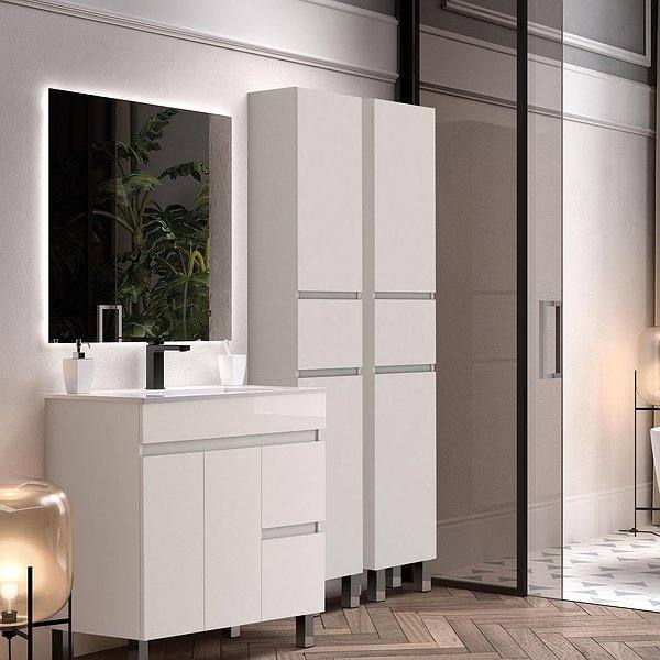 Conjunto mueble de baño Nilo blanco brillo con patas 2 puertas 2 cajones Espejo nadiea de 80x80 cm de Bruntec. 2 columnas de baño.