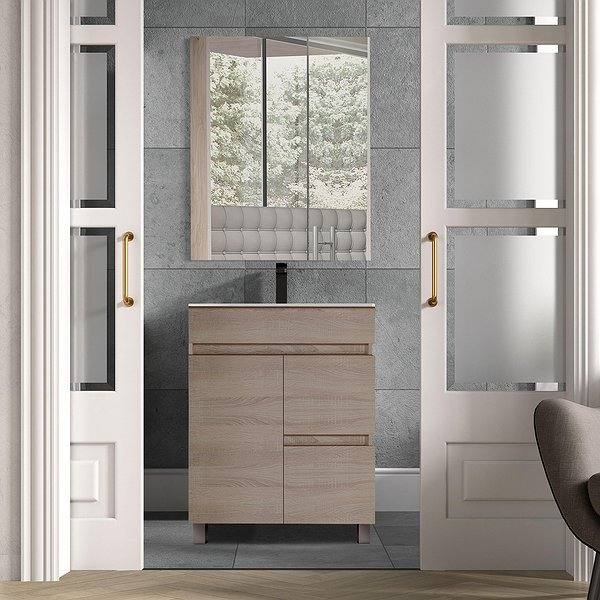 Conjunto mueble de baño Nilo Cabrian con patas 1 puerta 2 cajones Espejo luna de Bruntec