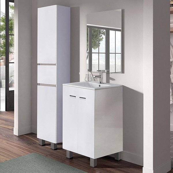 Conjunto mueble de baño Clever con patas 2 puertas 60 cm de Bruntec + Lavabo Bogotá + Espejo. Color del mueble en blanco