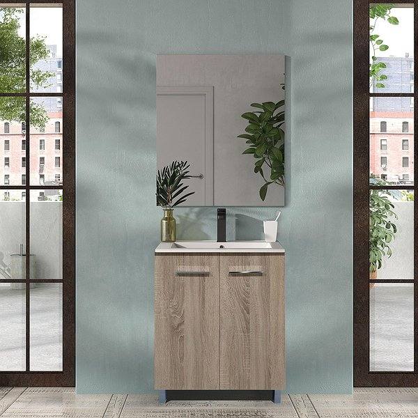 Conjunto mueble de baño Clever con patas 2 puertas 60 cm de Bruntec + Lavabo Bogotá + Espejo. Color del mueble en Cambrian