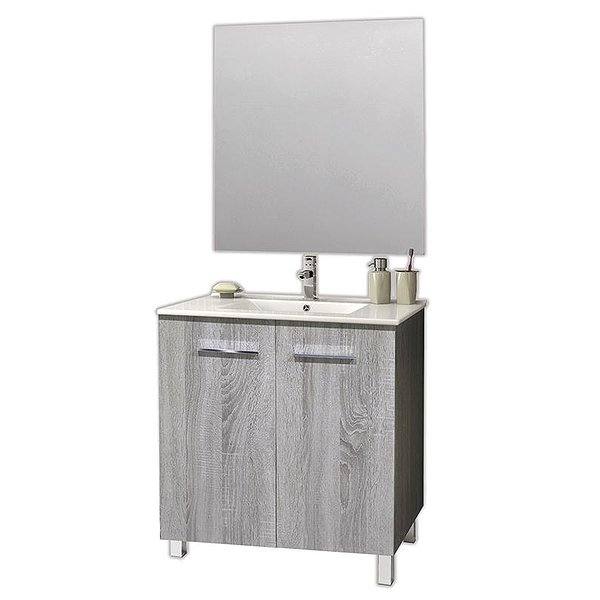 Conjunto mueble de baño Clever con patas 2 puertas 60 cm de Bruntec + Lavabo Bogotá + Espejo. Color del mueble en ceniza