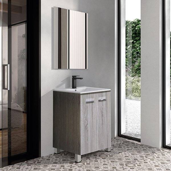 Conjunto mueble de baño Clever con patas 2 puertas 60 cm de Bruntec + Lavabo Bogotá + Espejo. Color del mueble en Ceniza