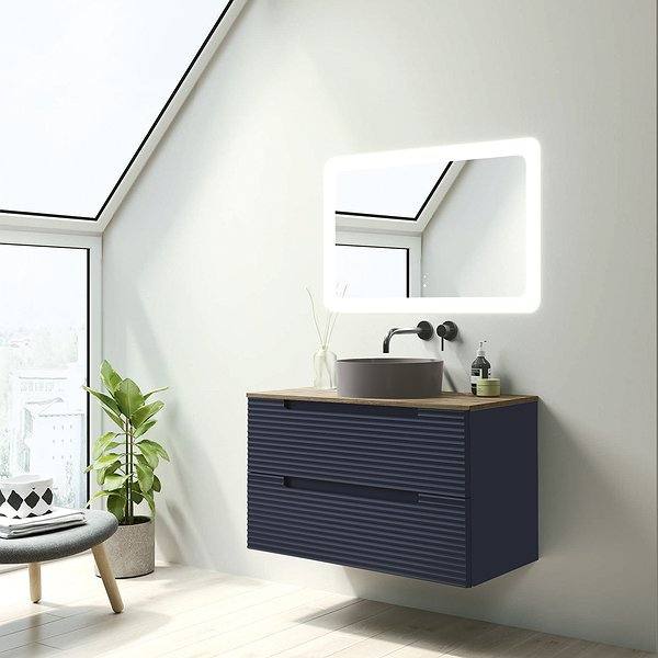 Mueble de baño Kyoto suspendido 2 cajones con tapa hidrófuga niágara Visobath.Lavabo Colors, espejo Paris. Navy mate