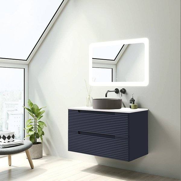 Mueble de baño Kyoto suspendido 2 cajones con tapa de cargas minerales Visobath.Lavabo Colors, espejo Paris. Navy mate