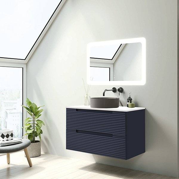 Mueble de baño Kyoto suspendido 2 cajones con tapa de cargas minerales Visobath.Lavabo Colors, espejo Paris. Navy mate