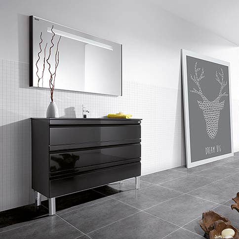 Mueble de baño Solco 3 cajones negro brillo 100 cm + Lavabo + Espejo Retro Valenzuela