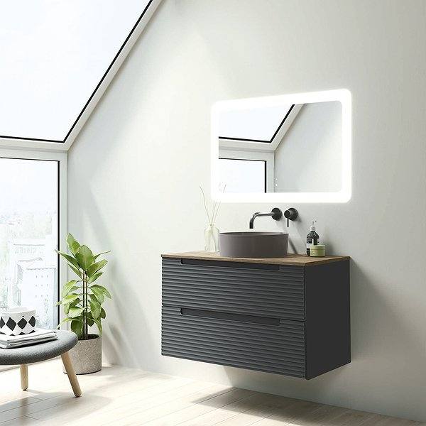 Mueble de baño Kyoto suspendido 2 cajones con tapa hidrófuga niágara Visobath.Lavabo Colors, espejo Paris. Negro mate.