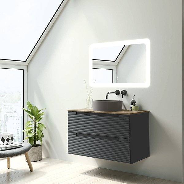 Mueble de baño Kyoto suspendido 2 cajones con tapa hidrófuga niágara Visobath.Lavabo Colors, espejo Paris. Negro mate.