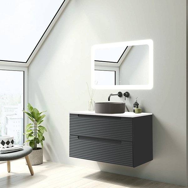 Mueble de baño Kyoto suspendido 2 cajones con tapa de cargas minerales  Visobath.Lavabo Colors, espejo Paris. Negro mate.
