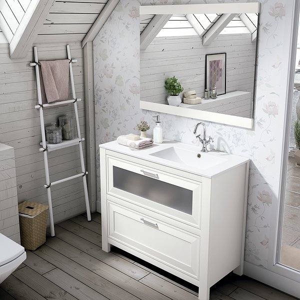 Mueble de baño Trento con lavabo desplazado a derechas Flat, espejo Alba color Nieve 