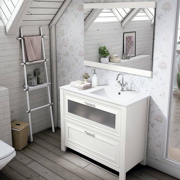 Conjunto mueble de baño Trento con patas 1 cajón y 1 puerta acabado nieve mate Viso Bath + Lavabo encastrado cerámica Flat + Espejo Alba + Aplique Arya