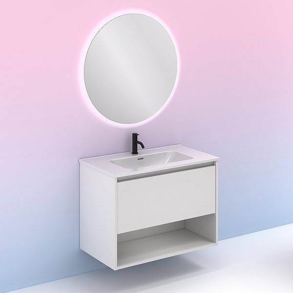 Conjunto mueble de baño con lavabo Niwa suspendido 1 cajón más un hueco en blanco brillo de Amizuva. Espejo Nozoni