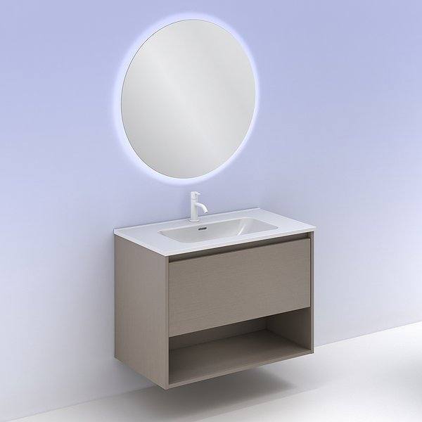 Conjunto mueble de baño con lavabo Niwa suspendido 1 cajón más un hueco en fumé arenado de Amizuva. Espejo Nozoni