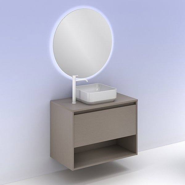 Conjunto mueble de baño con lavabo sobre encimera y tapa Niwa suspendido 1 cajón más un hueco en fumé arenado de Amizuva. Espejo Nozomi