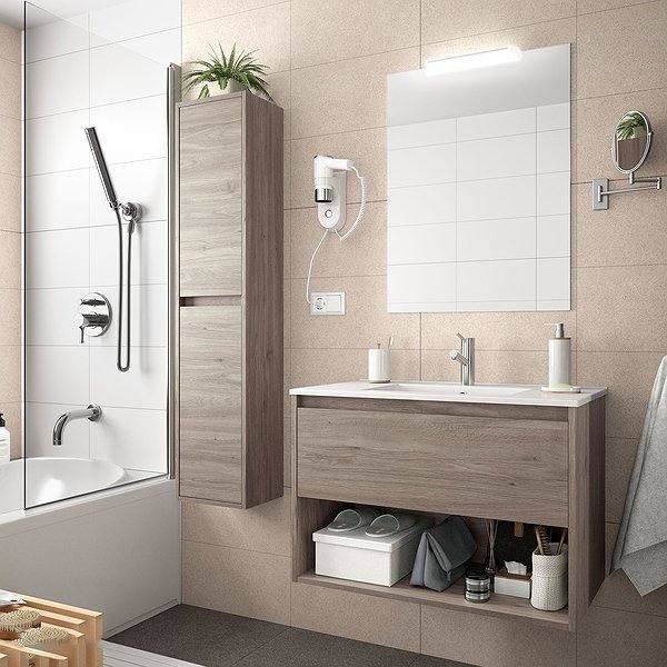 Conjunto mueble de baño Roble Eternity noja suspendido 1 cajón + 1 hueco inferior de Salgar. Lavabo Iberia con espejo y aplique