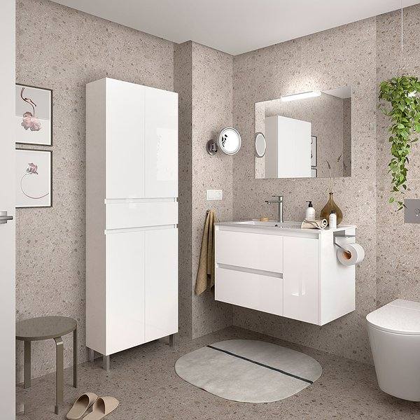 Conjunto mueble de baño Blanco brillo noja suspendido 2 cajones + 1 puerta a der de Salgar. Lavabo Iberia con espejo y aplique. Columna Infinity