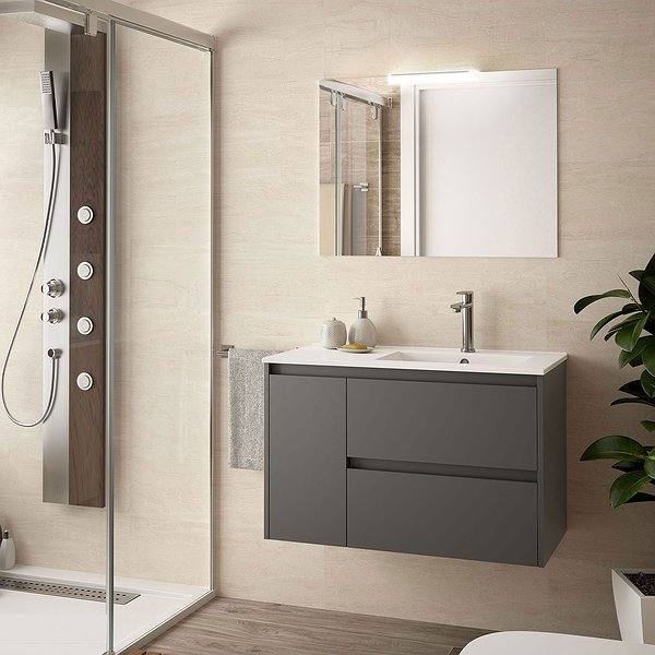 Conjunto mueble de baño Gris mate noja suspendido 2 cajones + 1 puerta a der de Salgar. Lavabo Iberia con espejo y aplique. Columna Infinity