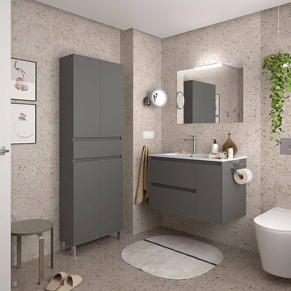 Conjunto mueble de baño Gris mate noja suspendido 2 cajones + 1 puerta a der de Salgar. Lavabo Iberia con espejo y aplique. Columna Infinity