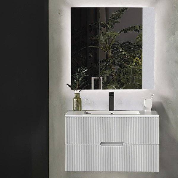 Mueble de baño Osaka suspendido 2 cajones 80 cm de Bruntec. Lavabo Bogotá y espejo nadia