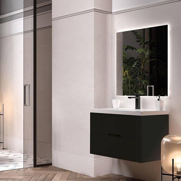 Mueble de baño Osaka suspendido 2 cajones 80 cm de Bruntec. Color negro mate Lavabo Bogotá y espejo nadia