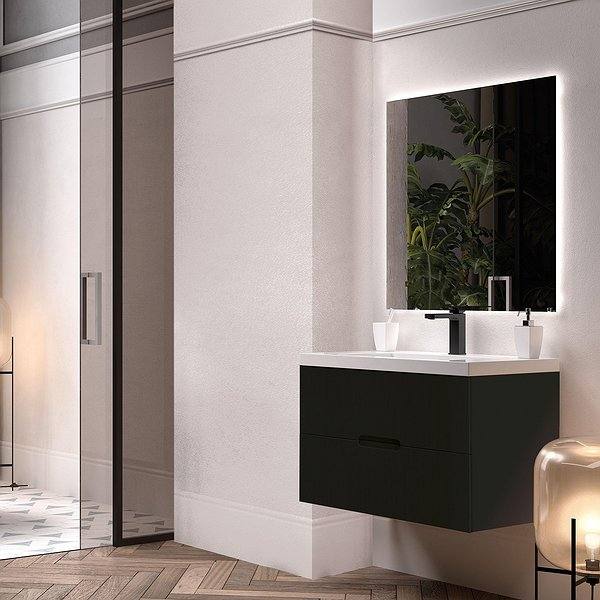 Mueble de baño Osaka suspendido 2 cajones 80 cm de Bruntec. Color negro mate Lavabo Bogotá y espejo nadia