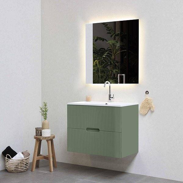 Mueble de baño Osaka suspendido 2 cajones 80 cm de Bruntec. Color oliva mate Lavabo Bogotá y espejo nadia