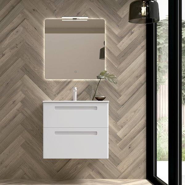 Mueble de baño Paris suspendido 2 cajones + Lavabo Plus de Avila. Espejo esquinas curvas con aplique de luz. Color Blanco mate nº 70