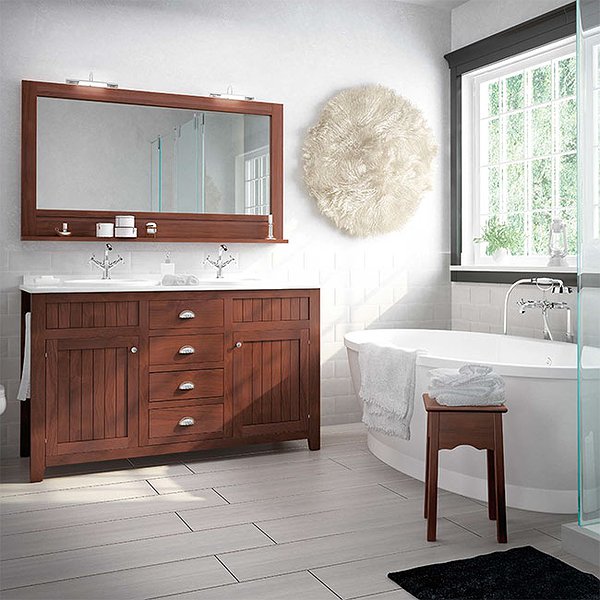 Mueble de baño Colonial doble seno con patas 2 puertas y 4 cajones 140 cm Avila Dos color nogal nº 27. Espejo  Country color nogal nº 27