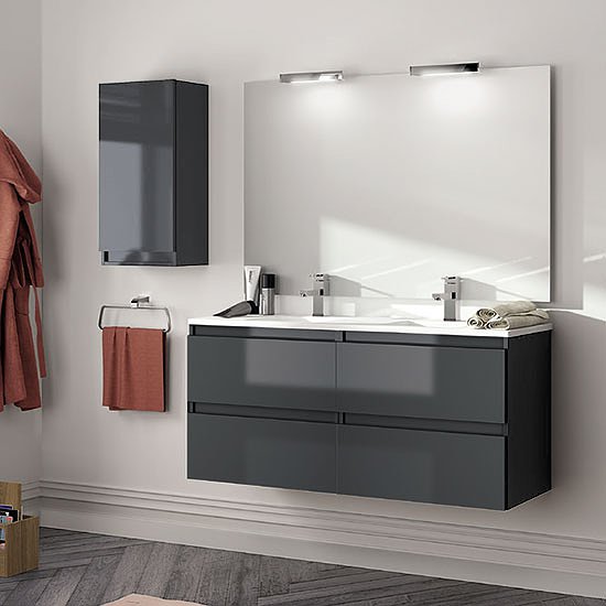 Mueble Box color gris oscuro + Lavabo doble poza Flat + Espejo Sevilla