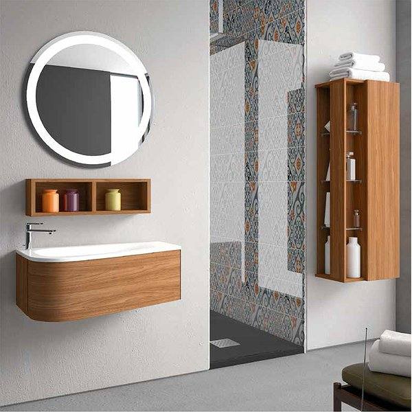 Conjunto Mueble de baño Loop suspendido 1 cajón 90cm + lavabo cerámi loop + espejo round + columna Stack lateral abierto + Colgar decorativo Stack de Inve. Color rechapado nogal americano