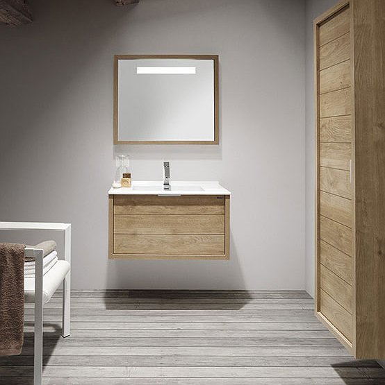 Mueble de baño Tino 80 cm roble 1 cajón + 1 cajón interior + Lavabo Rondo + Espejo Marco Retro + Columna Valenzuela