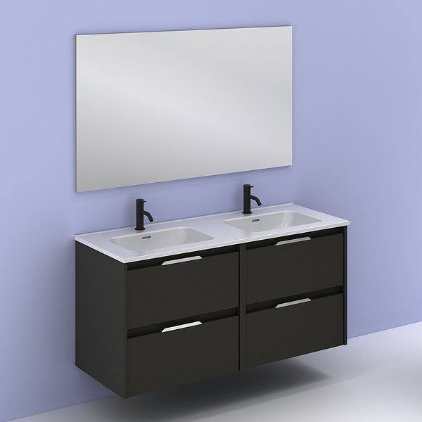 Conjunto mueble de baño con lavabo doble poza Suki suspendido 4 cajones antracita brillo 120 cm de Amizuva espejo Kawa