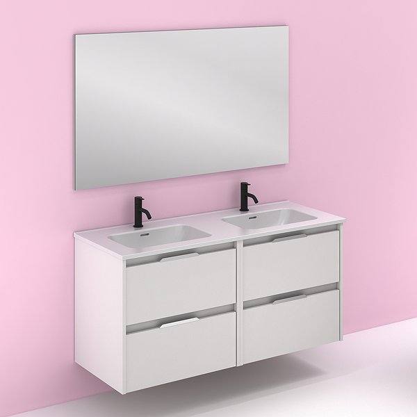 Conjunto mueble de baño con lavabo doble poza Suki suspendido 4 cajones blanco brillo 120 cm de Amizuva espejo Kawa