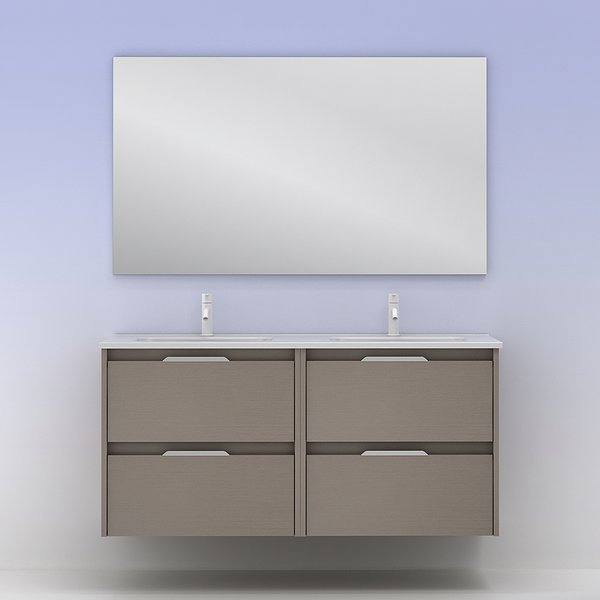 Conjunto mueble de baño con lavabo doble poza Suki suspendido 4 cajones fumé arenado 120 cm de Amizuva espejo Kawa