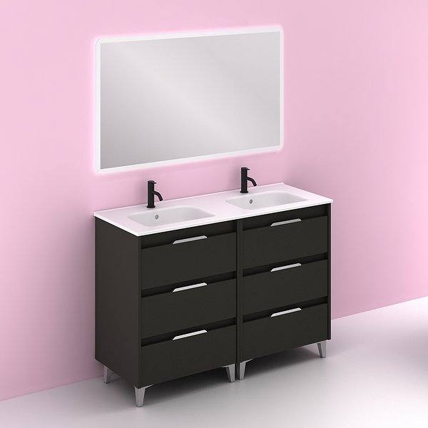 Conjunto mueble de baño con lavabo doble poza Suki con patas 6 cajones antracita brillo de Amizuva espejo Hoshi
