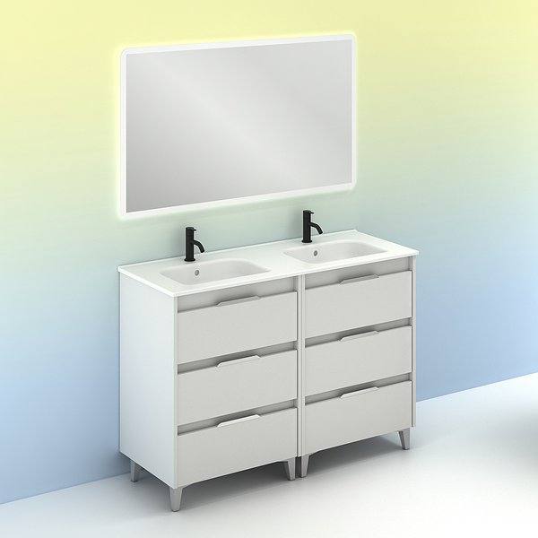 Conjunto mueble de baño con lavabo doble poza Suki con patas 6 cajones blanco brillo de Amizuva espejo Hoshi