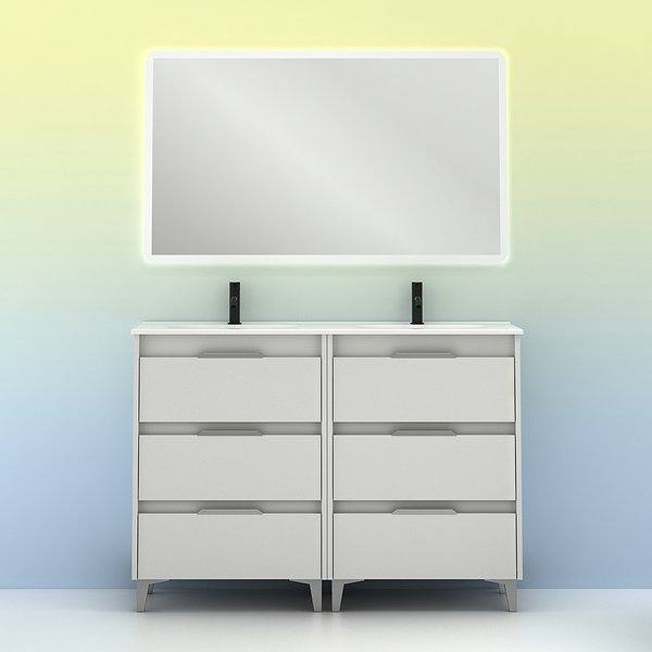 Conjunto mueble de baño con lavabo doble poza Suki con patas 6 cajones blanco brillo de Amizuva espejo Hoshi