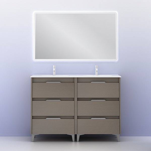 Conjunto mueble de baño con lavabo doble poza Suki con patas 6 cajones fumé arenado de Amizuva espejo Hoshi