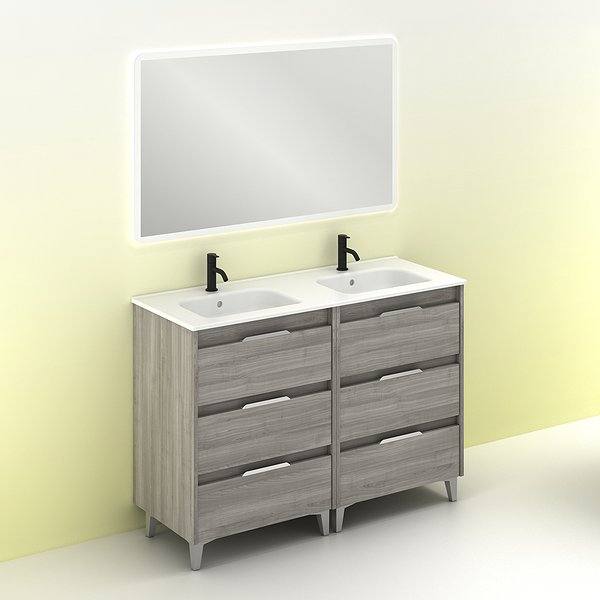 Conjunto mueble de baño con lavabo doble poza Suki con patas 6 cajones gris arenado de Amizuva espejo Hoshi