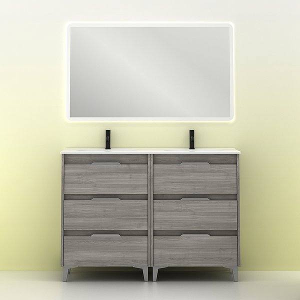 Conjunto mueble de baño con lavabo doble poza Suki con patas 6 cajones gris arenado de Amizuva espejo Hoshi