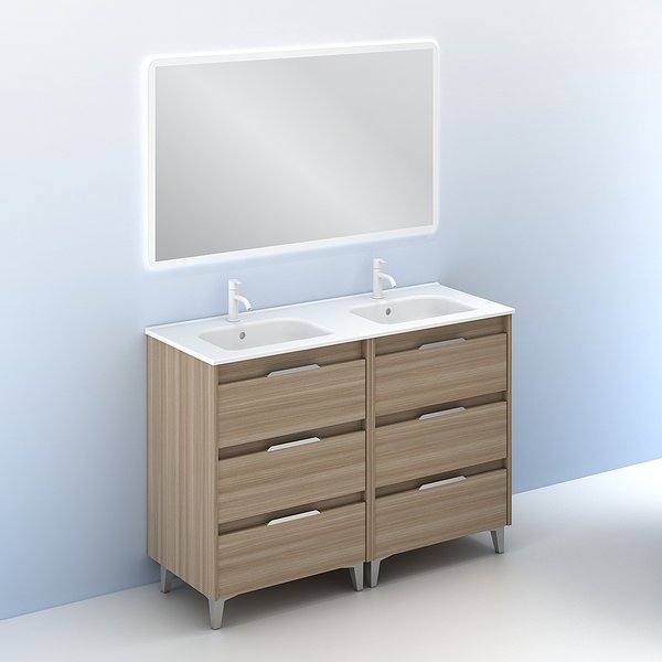 Conjunto mueble de baño con lavabo doble poza Suki con patas 6 cajones nogal arenado de Amizuva espejo Hoshi